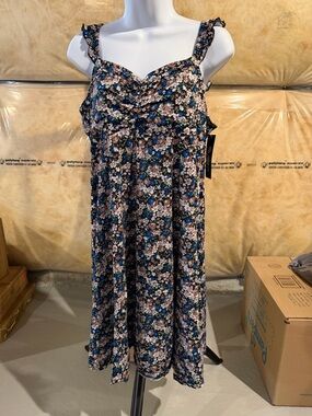 Floral Ruffle Strap Sundress - Blue & Black